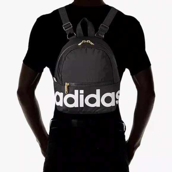Adidas Mini Backpack Purse Black Gold Linear Logo Travel Bag School Sporty EUC - Picture 3 of 13